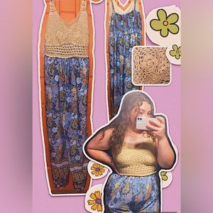 Floral flowy knit top wide leg jumpsuit